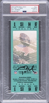 Tom Bradys First Super Bowl Win & MVP! - A 2002 Super Bowl XXXVI Tom Brady Signed Green Full Ticket (PSA AUTHENTIC & PSA/DNA 10 - Autograph)